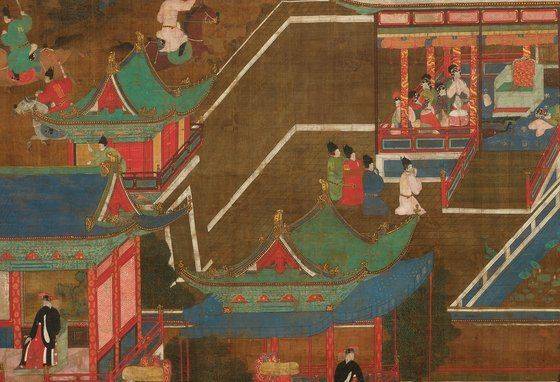 '석가출가도' 부분(15세기 조선). 태자의 출가 소식을 들은 왕(왼쪽 아래)과 왕비가 슬피 울고 있다. ⓒRheinischesBildarchiv Cologne [사진제공 = 호암미술관]