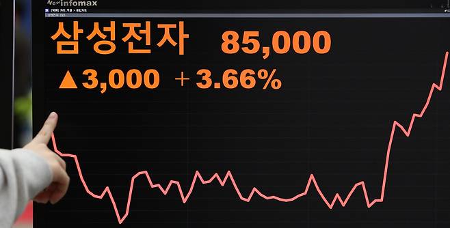 4월 2일 오후 서울 여의도 한국거래소에 삼성전자 종가가 전 거래일 대비 3.66% 오른 8만5000원으로 표시돼 있다. /뉴스1