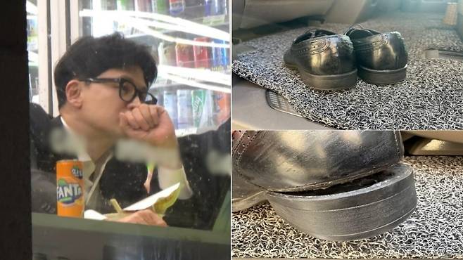 유세가 끝난 뒤 편의점에서 컵라면을 먹고 있는 한동훈 국민의힘 비상대책위원장(왼쪽)과 이재명 더불어민주당 대표 비서실이 공개한 이 대표의 떨어진 구두굽 (오른쪽) (사진, 이재명 대표 SNS, 온라인 커뮤니티 갈무리)