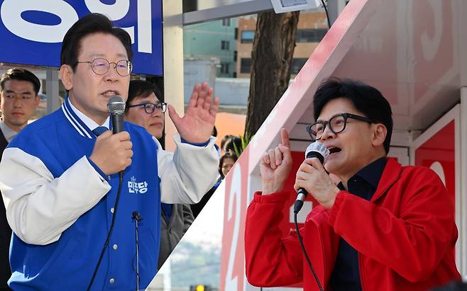 지난 1일 한동훈(오른쪽) 국민의힘 비상대책위원장 겸 총괄 선거대책위원장과 이재명 더불어민주당 대표 겸 상임공동선대위원장의 지원 유세 모습. /연합뉴스·뉴스1