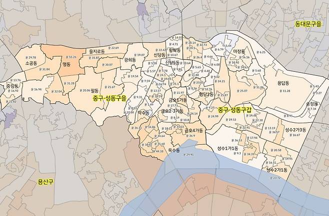 투표구별 2022년 제21대 대선 득표율 차(단위:%포인트). 색이 진할수록 당시 윤석열 후보의 득표율이 높았던 투표구다(단, 투표구별 개표 데이터에는 사전선거 개표 결과가 빠져 있다).