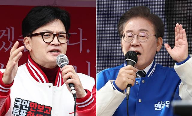 이재명(오른쪽 사진) 더불어민주당 대표와 한동훈 국민의힘 총괄선대위원장이 지난달 30일 각각 서울과 인천에서 주말 지원 유세를 하고 있다. 뉴스1