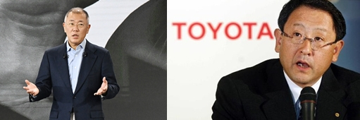 정의선 현대자동차그룹 회장(왼쪽)과 토요타 아키오 토요타그룹 회장(오른쪽)의 모습