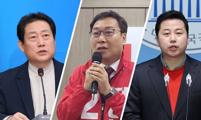 (왼쪽부터) 부산 수영구 유동철 더불어민주당 후보, 정연욱 국민의힘 후보, 장예찬 무소속 후보 ⓒ연합뉴스·정연욱 후보 페이스북