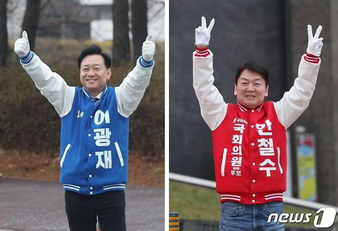 제22대 국회의원 선거 경기 성남 분당갑에 출마한 이광재 더불어민주당 후보(왼쪽부터)와 안철수 국민의힘 후보가 공식 선거운동이 시작된 28일 오전 경기 성남시 분당구 일대에서 출근길 시민들에게 인사를 하고 있다. 2024.3.28/뉴스1 ⓒ News1 김영운 기자