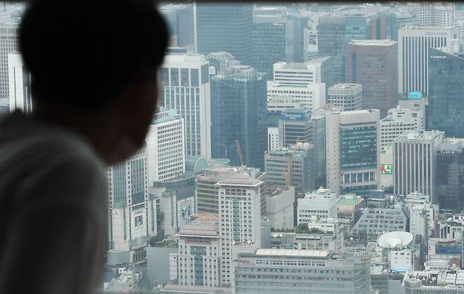 한 시민이 서울 남산타워에서 주요 기업 빌딩이 몰린 서울 시내를 바라보고 있다. / 뉴스1