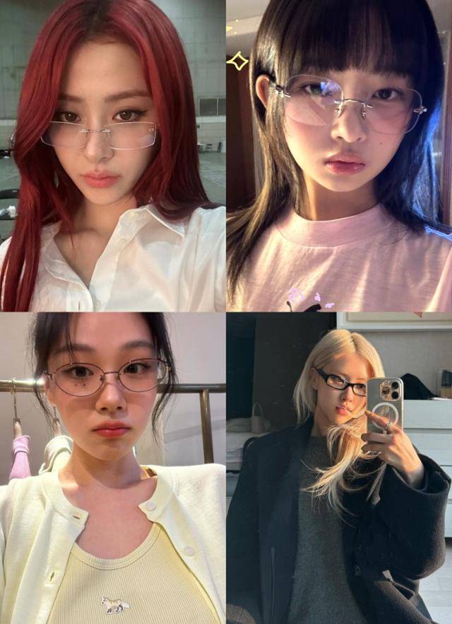 (왼쪽부터 시계 방향으로) 그룹 르세라핌 허윤진·아이브 레이·블랙핑크 로제·비비도 각자의 스타일에 맞는 안경을 착용했다. 허윤진 레이 비비 로제 SNS