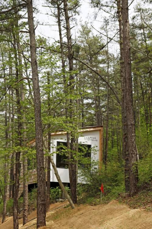 학산숲속시집도서관은 너와로 벽을 만들어 학산 기슭의 자연과 조화를 이룬다.