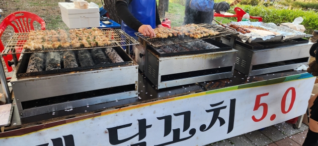 지난 5일 서울 영등포구 여의도 한강공원 인근에서 한 불법노점상이 닭꼬치를 팔고 있다. 백재연 기자