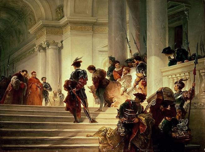 로마를 떠나는 체사레를 묘사한 후대 19세기의 그림.