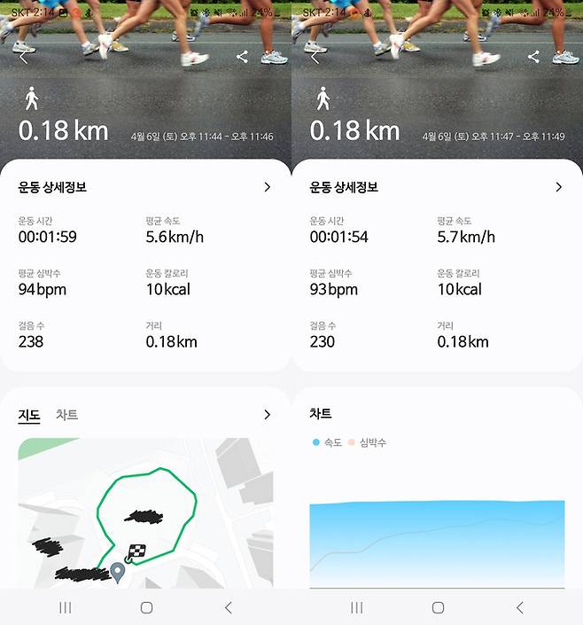 갤럭시 핏 3와 스마트폰을 함께 소지하고 걸으면 지나온&nbsp;경로가 지도로 나타난다. 오른쪽 사진은 스마트폰 없이 핏3만 착용한 채 걸은 결과. 둘 모두 거리는 0.18㎞로 동일했다.&nbsp; &nbsp; 이동수 기자