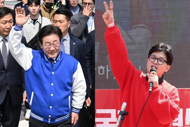 이재명 더불어민주당 상임공동선대위원장이 7일 서울 서초구 양재역사거리에서 열린 홍익표 서초을 후보자에 대한 지원 유세에 참석하고 있다.(왼쪽 사진) 한동훈 국민의힘 총괄선거대책위원장이 7일 오후 충남 공주시 공주대 후문 삼거리에서 열린 ‘국민의힘으로 공주 부여 청양 살리기’ 지원유세에서 정진석 공주시부여군청양군 후보의 지지를 호소하고 있다. 고영권 기자·공주=뉴시스