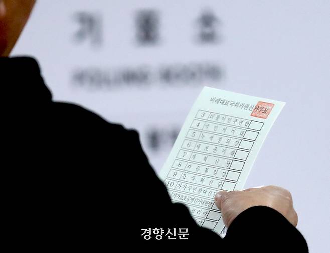 한 유권자가 사전투표가 시행된 지난 5일 대전 중앙로 사전투표장에서 비례대표 투표용지를 보고 있다. 박민규 선임기자