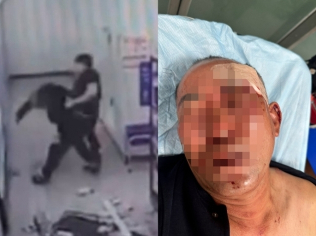 폭행 당시 편의점 내부 CCTV 화면(왼쪽 사진)과 폭행을 말리다 다친 50대 피해자. [연합]