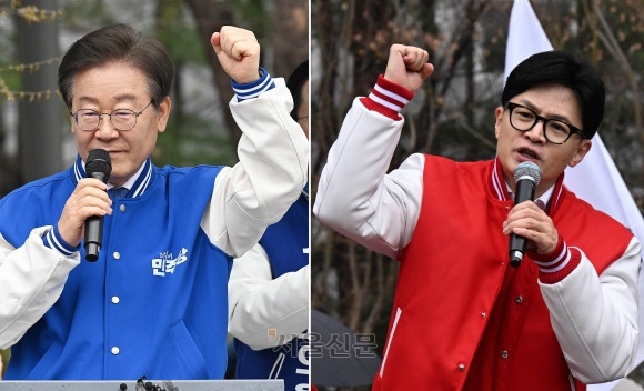 4·10 총선 공식 선거운동 첫날인 28일 이재명 더불어민주당 대표가 서울 성동구 왕십리역 광장에서 전현희(서울 중·성동갑) 후보와 박성준(서울 중·성동을) 후보의 지원 유세를 하고 있다(왼쪽). 오른쪽 사진은 한동훈 국민의힘 비상대책위원장이 같은 날 왕십리역 광장에서 전 후보와 맞붙는 윤희숙 후보의 지지를 호소하는 모습. 이날 0시를 기해 선거운동을 시작한 여야 후보들은 총선 전날인 다음 달 9일까지 유권자들의 표심을 얻기 위해 유세 대결을 펼치게 된다. 2024.3.28 오장환 기자·안주영 전문기자