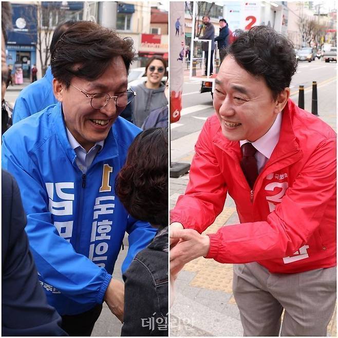 지난 3일 오후 영등포을 선거구 김민석 더불어민주당 후보와 박용찬 국민의힘 후보가 각각 선거 유세에 나서 시민들에게 지지를 호소하고 있다. ⓒ데일리안 방규현 기자