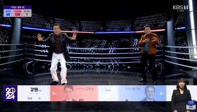 경기 분당갑 이광재(왼쪽) 더불어민주당 후보와 안철수 국민의힘 후보가 밴드 송골매의 히트곡 '어쩌다 마주친 그대'에 맞춰 랩배틀을 하고 있다. KBS가 인공지능 기술로 구현한 영상이다. KBS 방송 캡처