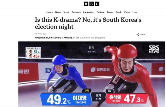 영국 방송 BBC가 9일 보도한 한국 선거 방송 내용. BBC 기사 캡처