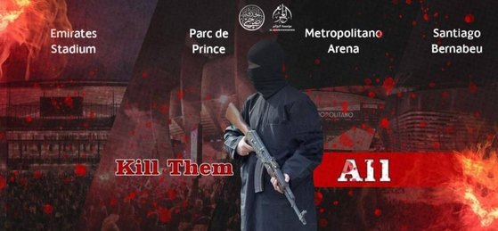 IS가 알 아자임 재단을 통해 공개한 UCL 공격 예고 포스터. 사진 X 캡처