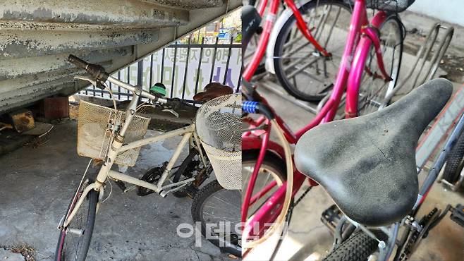 서울 대림역 인근 자전거 거치대에 방치된 자전거들. (사진=이유림 기자)