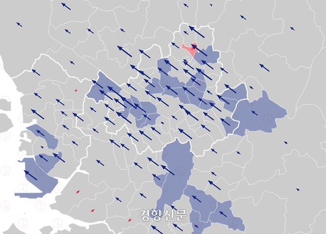 경향신문 인터랙티브 뉴스로 서울, 수도권 지역의 선거 결과를 살펴본 모습이다. 왼쪽 파란 화살표의 크기와 길이는 더불어민주당 쪽으로의 민심 이동 강도를 의미한다.