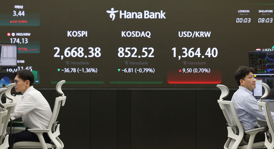 A screen in Hana Bank's trading room in central Seoul shows the stock market prices as it opens on Thursday. [YONHAP]