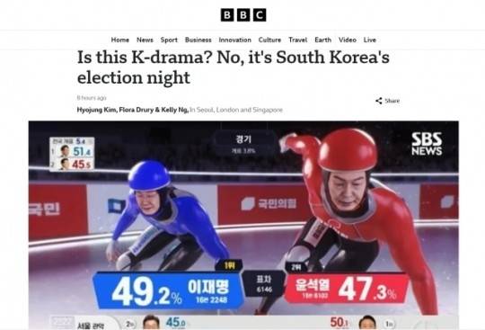 영국 BBC는 10일(현지시간)  한국의 선거 개표방송이 드라마처럼 흥미롭다고 보도했다.
