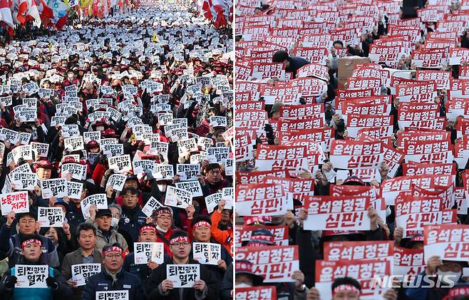 [서울=뉴시스] 권창회 기자 = 지난해 11월 11일 민주노총과 한국노총이 윤석열 정권 퇴진과 대정부 투쟁을 결의하는 대규모 도심 집회를 개최했다. 사진 왼쪽부터 서대문역 인근에서 열린 민주노총 집회와 여의대로 일대에서 열린 한국노총 집회. 2023.11.11. kch0523@newsis.com