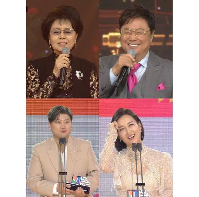 '트롯뮤직어워즈 2024'가 트로트 대통합의 장을 열었다. 사진은 (왼쪽 위부터 시계방향으로) 심수봉 남진 장윤정 김호중. '트롯뮤직어워즈 2024' 캡처
