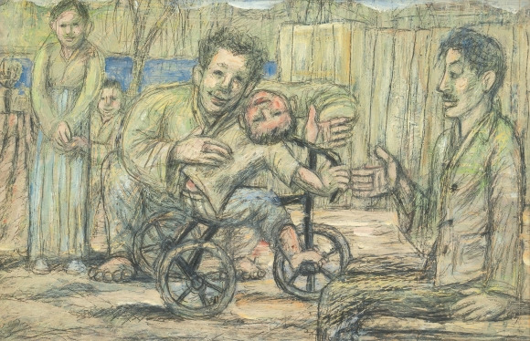 이중섭, 시인 구상의 가족, oil and pencil on paper, 32×49.5cm, 1955