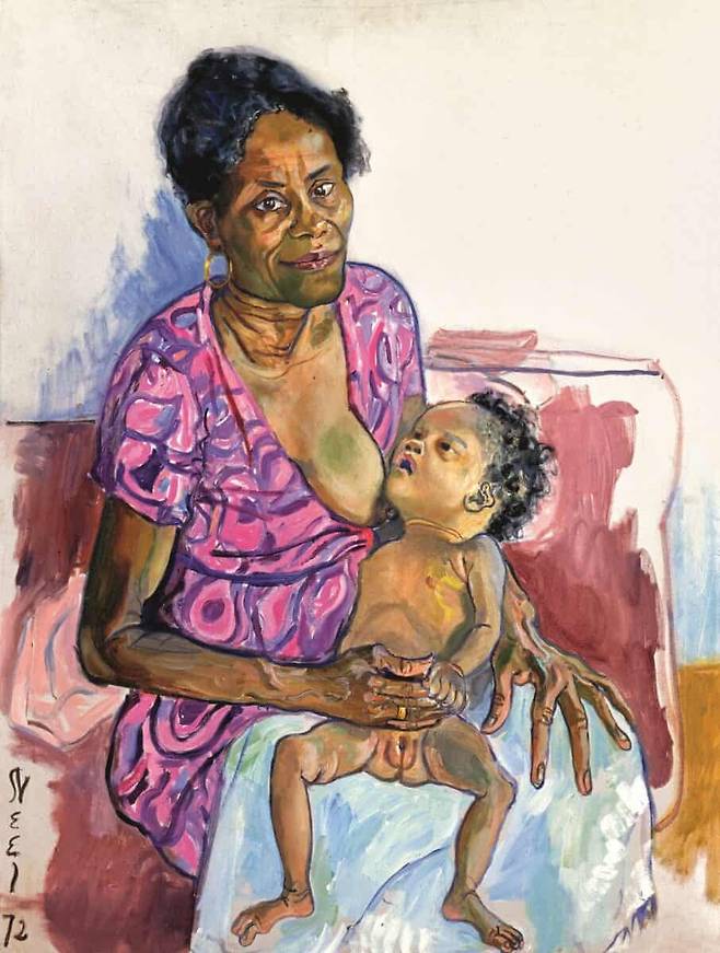 카르멘과 주디(1972). 유색인종 여성이 초상화 작가에게 신체를 노출하는건 이례적인 일이다. 고된 현실을 헤치며 살아온 작가와, 미국 대도시 한켠에서 마찬가지로 열심히 살아온 카르멘의 눈빛 교환이 인상적이다. /오클라호마시티미술관