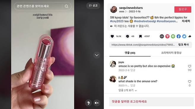 케이팝 아이돌 뷰티 제품 (한국 아이돌이 사용하거나 가지고 있는 제품들)을 분석한 콘텐츠. [버니스 틱톡 캡처]