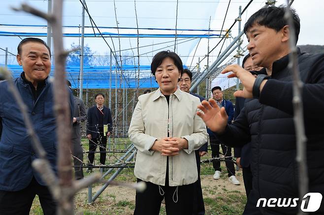 송미령 농림축산식품부 장관이 3일 강원도 춘천시의 스마트 과수원 실증단지를 방문해 관계자로부터 설명을 듣고 있다. (농림축산식품부 제공) 2024.4.3/뉴스1 ⓒ News1 김성진 기자