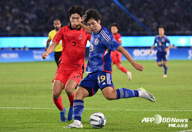 최근 한국과의 2경기에서 3골을 기록한 일본 U-23 축구 대표팀 스트라이커 우치노 코타로. 사진=AFPBBNews=News1