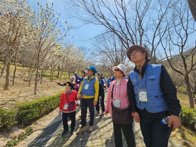 포스코 임직원들이 경북수목원에서 지역 어르신들과 함께 봄꽃을 만끽하고 있다［사진제공=광양제철소］