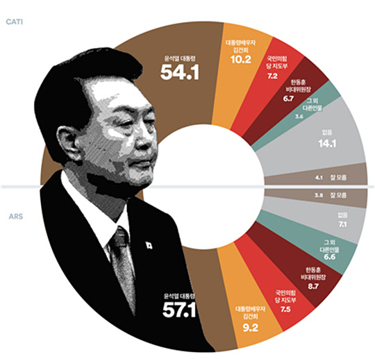 국민의힘 제22대 총선 참패 책임 소재로 윤석열 대통령이 과반을 차지했다는 전화면접(CATI·위)과 전화 자동응답(ARS·아래) 설문 결과 2건의 그래프.<여론조사꽃 제공 자료>