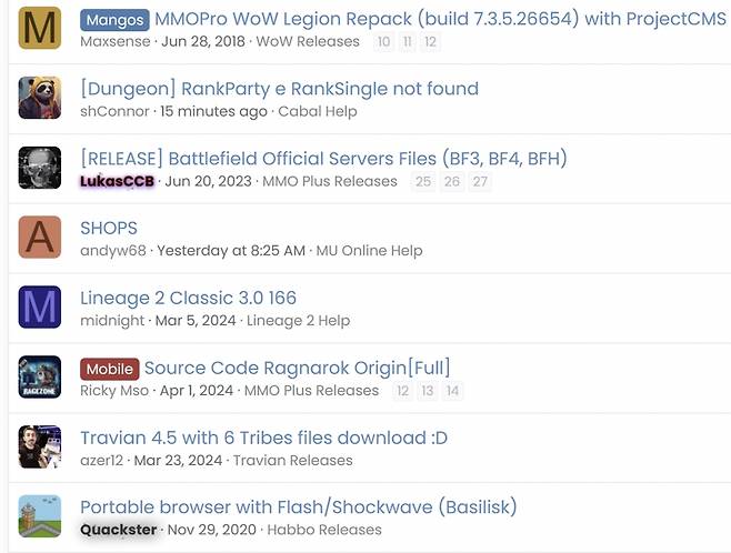 프리섭 소스코드를 공ㅇ하는 해외 커뮤니티. 국산 게임인 리니지2와 라그나로크의 소스파일도 보인다. /사진=RaGEZONE 캡처
