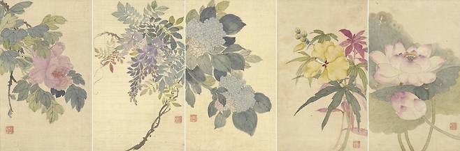 신명연의 '꽃'  고운 비단에 모란, 연꽃, 수국 등을 표현한 그림 [국립중앙박물관 제공. 재판매 및 DB 금지]