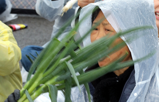 ▲'국민과 함께하는 농민의길' 주최로 3월 25일 오후 정부세종청사 기획재정부 앞에서 열린 수입농산물 철폐 전국농민대표자대회에서 한 참가자가 양손에 대파를 들고 구호를 외치고 있다. ⓒ연합뉴스