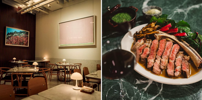 미술품 컬렉터로도 활동 중인 심준섭 대표의 서울 논현동 컨템퍼러리 와인 바 오프닝(OPNNG) 전경(왼쪽)과 스테이크&와인. 아트 오앤오 VIP 티켓을 소지한 고객에게는 4월 15~20일 6일간 식사 금액의 10%를 할인해 준다. 오프닝