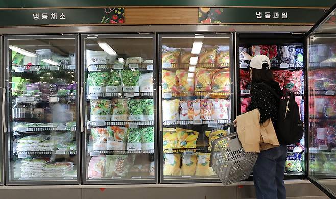 16일 서울 한 대형마트에서 한 소비자가 냉동 채소, 냉동 과일 코너를 둘러보고 있다./뉴스1