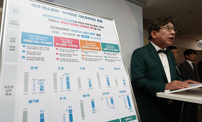 김상협 탄소중립녹색성장위원회 위원장이 21일 정부세종청사에서 2030년 온실가스 국가 감축 목표 달성 로드맵 시안을 발표하고 있다. /연합뉴스