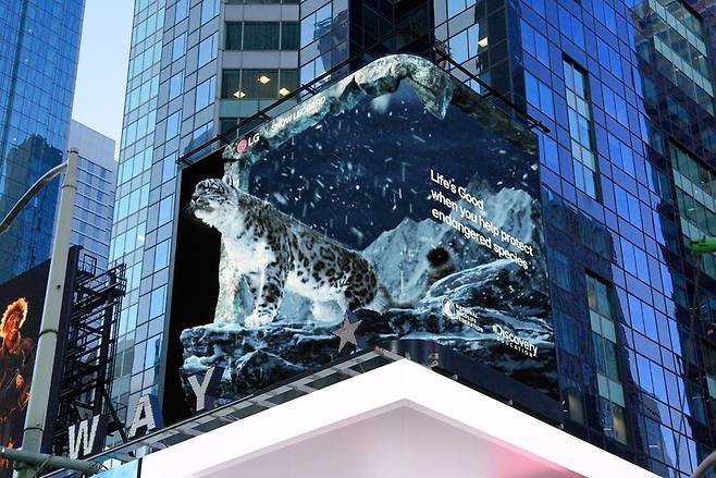 엘지(LG)전자가 16일(현지시각) 미국 뉴욕 타임스퀘어 전광판에 공개한 멸종위기 동물 보호 캠페인 영상. LG전자 제공