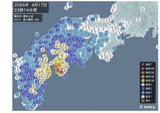 한국 시간으로 17일 오후 11시 14분 일본 오이타현 오이타시 동쪽 74km 해역에서 규모 6.4의 지진이 발생했다. 사진 일본 기상협회 홈페이지 캡처