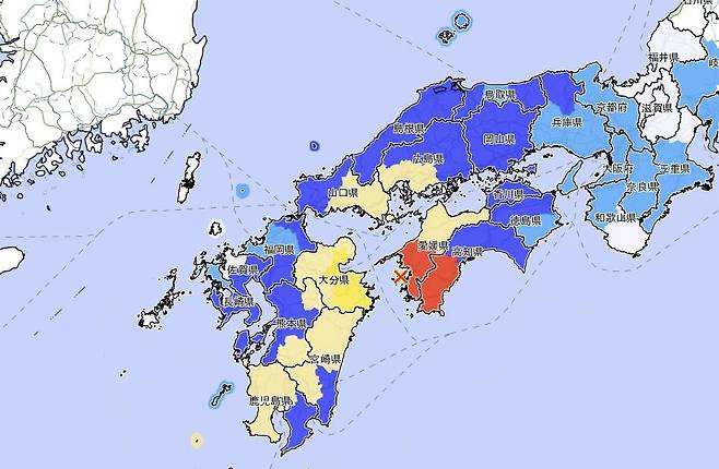 18일 시코쿠 지진 발생 지점 [일본 기상청 캡처. 재판매 및 DB 금지]