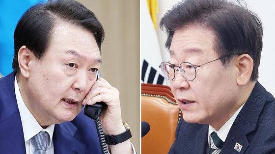 윤석열 대통령이 19일 오후 3시 30분경 이재명 더불어민주당 대표와 전화 통화를 통해 다음주 적당한 시기에 용산에서 회동할 것을 제안했다고 대통령실이 밝혔다. 사진은 22년 윤 대통령이 용산 대통령실에서 기시다 후미오 일본 총리와 전화 통화하는 모습(왼쪽.대통령실 제공)과 이 대표가 19일 서울 여의도 국회에서 열린 최고위원회의에서 발언을 하고 있는 모습. 뉴스1