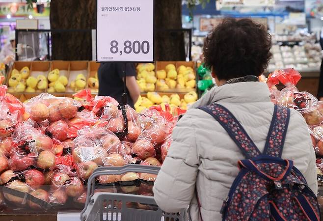 지난 9일 서울 시내의 한 대형마트 과일 판매대에서 시민들이 장을 보고 있다. 연합뉴스