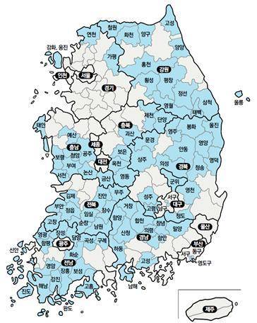 인구감소지역 89개 시군구 현황. 기획재정부는 이 중 경기 가평군과 부산 동·서·영도구, 대구 남·서구 등 6개 시군구를 제외한 지역에 세제 혜택을 부여했다.