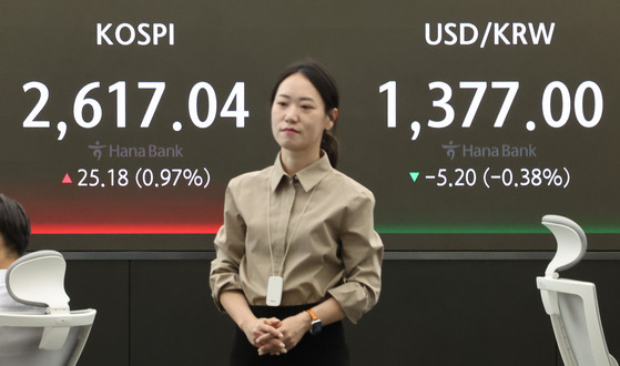 A screen in Hana Bank's trading room in central Seoul shows the stock market prices as it opens on Monday. [YONHAP]