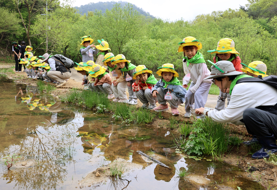 Children observe wetland creatures like frogs and tadpoles at Pyeongdume Wetland in Gwangju on Monday, during an outdoors activity in celebration of Earth Day. [YONHAP]